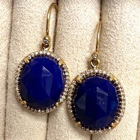 Designer IRENE NEUWIRTH 18K Yellow Gold Oval Lapis Lazuli Diamond Drop Earrings - Picture 12 of 15